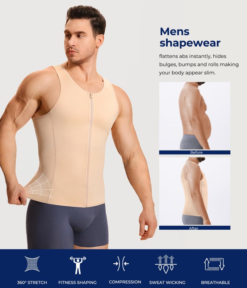 TAILONG Men Compression Shirt For Body Slimming Tank Top shaper Tight Undershirt Tummy Control Girdle (Large, Beige) - Image 3